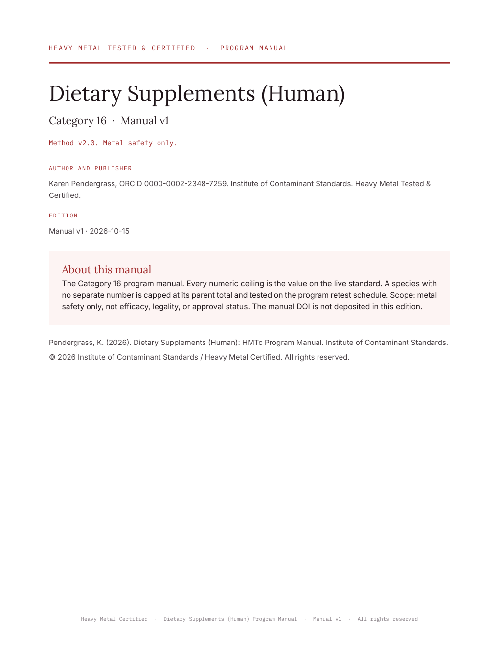 Cover of Dietary Supplements (Human): HMTc Program Manual