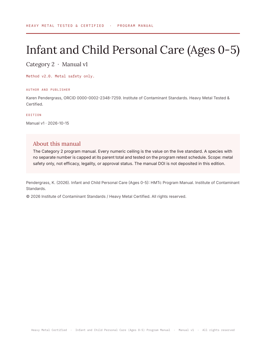 Cover of Infant and Child Personal Care (Ages 0-5): HMTc Program Manual