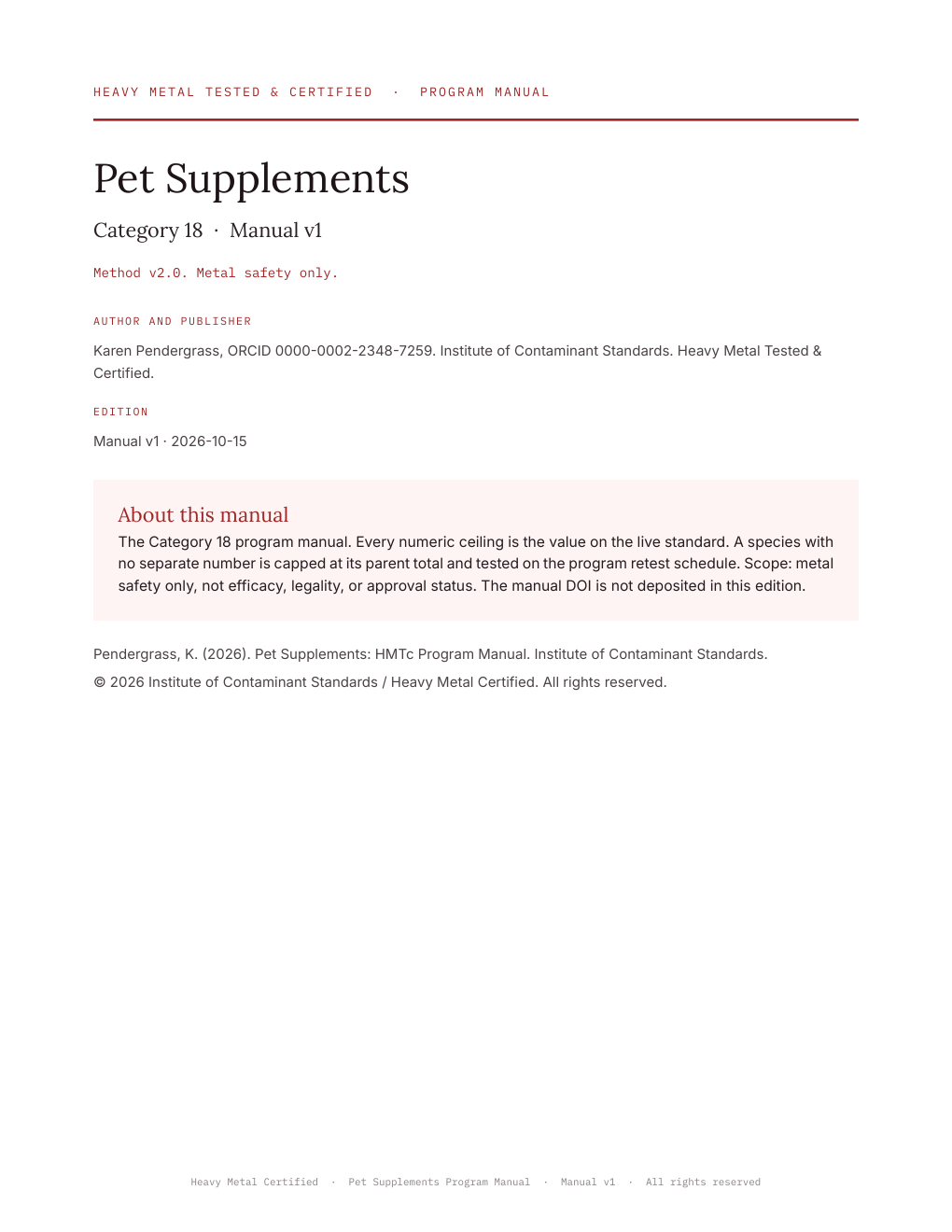 Cover of Pet Supplements: HMTc Program Manual